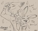 2020 anthro aralyre bodily_fluids canid canine clothed clothing confetti dialogue disney duo english_text eyes_closed female fox fur hi_res inktober judy_hopps lagomorph leporid male mammal necktie nick_wilde open_mouth open_smile police police_uniform rabbit red_fox shirt smile sweat sweatdrop text topwear true_fox uniform zootopia