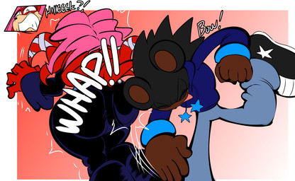 anthro big_butt butt butt_slap clenched_teeth clothing cybernetics duo eyes_closed female huge_butt image_bubble machine male motion_lines open_mouth shaking slap sound_effects spanking standing surprised teeth thick_thighs tight_clothing denizen1414 archie_comics sega sonic_the_hedgehog_(archie) sonic_the_hedgehog_(comics) sonic_the_hedgehog_(series) fan_character lien-da bear cyborg echidna mammal monotreme hi_res