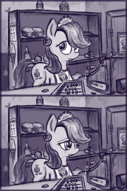 abacus apple badge bread counter cutie_mark duo female feral food freckles fruit plant russian solo_focus soviet_union store storekeeper tail text ulyanovetz friendship_is_magic hasbro my_little_pony fan_character equid equine horse mammal parasprite_(mlp) pony 2:3 digital_media_(artwork) greyscale hi_res monochrome russian_text