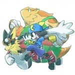 clothing eyewear goggles group hat headgear headwear kemono male ring running smile yoshihiko_arai bandai_namco klonoa_(series) guntz klonoa pango_(klonoa) canid canine canis domestic_cat felid feline felis mammal pangolin wolf 1:1 2017