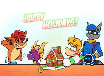 2_fingers 4_fingers antenna_wire anthro big_nose black_eyebrows black_eyes black_markings black_tail blonde_hair blue_bottomwear blue_clothing blue_eyes blue_gloves blue_handwear blue_hat blue_headwear blue_shirt blue_topwear bodily_fluids bottomwear breath brown_eyes cheek_tuft clothed clothed_anthro clothed_humanoid clothed_male clothing exclamation_point eyebrows facial_tuft feral fingers floating_hands floating_head fur furniture gingerbread_house gloves grey_body grey_fur group hair hand_behind_back hand_behind_head handwear happy hat headgear headwear holding_icing_bag holiday_message holidays horn icing icing_bag larger_anthro larger_humanoid larger_male limbless looking_at_another machine male male_anthro male_feral male_humanoid markings multicolored_body multicolored_fur multicolored_scales nervous nervous_smile nervous_sweat open_mouth open_smile orange_body orange_fur purple_body purple_eyes purple_scales red_hair red_tongue scales screen screen_face shirt short_hair simple_background size_difference smaller_feral smaller_humanoid smaller_male smile standing sweat sweatdrop table tail tan_body tan_skin text tongue tongue_out topwear tuft two_tone_body two_tone_fur white_body yellow_body yellow_horn yellow_scales yellow_skin queenly-owl activision astro_bot_(series) crash_bandicoot_(series) european_mythology locoroco mythology rayman_(series) sly_cooper_(series) sony_corporation sony_interactive_entertainment spyro_the_dragon sucker_punch_productions ubisoft astro_(astro_bot) crash_bandicoot kulche rayman sly_cooper spyro bandicoot dragon humanoid locoroco_(species) mammal marsupial mythological_creature mythological_scalie procyonid raccoon raypeople_(rayman) robot robot_humanoid scalie western_dragon 2024 crossover digital_drawing_(artwork) digital_media_(artwork) english_text hi_res