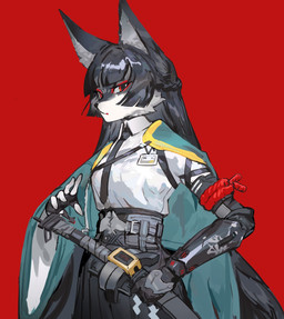 alternate_species anthro anthrofied armor belt black_hair bottomwear breasts clothing eyelashes female fingerless_gloves fur furrification gloves grey_body grey_fur hair handwear inner_ear_fluff katana long_hair melee_weapon necktie red_eyes scabbard shirt skirt solo sword topwear tuft weapon kanalit5 mihoyo zenless_zone_zero hoshimi_miyabi canid canine fox mammal thiren 2025 hi_res