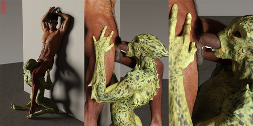 2_toes 4_fingers abs against_surface against_wall athletic balls black_eyes bodily_fluids cum dreadlocks duo feet fellatio fingers genital_fluids genitals green_body hand_on_hip human_on_monster male male/male navel noseless oral pecs penile penis quads sex spikes teeth teratophilia toes unusual_anatomy ugnaughtsden jonah_(ugnaughtsden) alien human humanoid mammal monster unknown_species 2020 2:1 3d_(artwork) blender_(artwork) digital_media_(artwork) hi_res