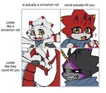 anthro black_body cape claws clothing evolutionary_family grin group horn male red_body sharp_teeth smile teeth text white_body yellow_eyes randomlyrab bandai_namco digimon digimon_ghost_game betelgammamon canoweissmon digimon_(species) gammamon gulusgammamon english_text meme