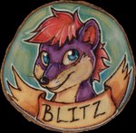 anthro badge biped blue_eyes countershading male markings purple_body red_markings tan_body wood_burning reaperfox blitzstoat_(gyro) mammal mustelid musteline stoat true_musteline weasel alpha_channel hi_res traditional_media_(artwork)