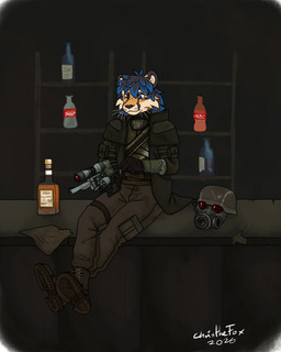 alcohol alcohol_bottle ammo_belt ammunition anthro armor beverage beverage_bottle boots bottle clothing container courier footwear gun headgear helmet male new_vegas ranged_weapon rifle shoes sitting sniper_rifle solo weapon bartek22 fallout microsoft absurd_res hi_res
