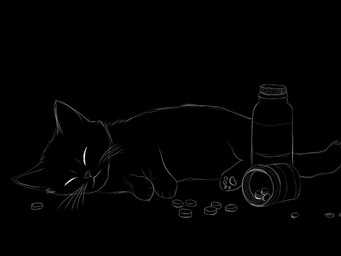 black_body black_fur bottle container drugs ears_up eyes_closed feral fur lying lying_on_ground male on_ground pills sleeping solo tail whiskers roli_poli domestic_cat felid feline felis mammal 4:3 hi_res monochrome