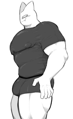 anthro big_muscles bulge clothing hands_on_hips male muscular muscular_anthro muscular_male nipple_outline nipples noseless pecs pointy_ears sharp_teeth shirt side_view simple_background smile solo t-shirt teeth topwear underwear white_background white_body white_skin oyasmis miya_(oyasmis) domestic_cat felid feline felis mammal black_and_white hi_res monochrome