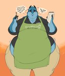 5_fingers anthro apron belly big_belly big_moobs black_sclera blue_body blue_fur blue_hair bodily_fluids chubby_cheeks clothing double_chin fingers flustered flying_sweatdrops fur hair holding_object horizontal_pupils horn male moobs obese obese_anthro obese_male open_mouth overweight overweight_anthro overweight_male pupils solo sweat sweatdrop text waiter yellow_eyes robuttschei schei_(robuttschei) bovid caprine goat mammal absurd_res english_text hi_res