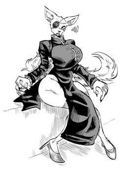 angry annoyed anthro big_breasts black_clothing black_dress breasts clothed clothing dress embarrassed female footwear high_heels long_tail partially_clothed shoes solo tail thick_thighs yanisp5 beastars ten_(beastars) canid canine fox mammal absurd_res black_and_white hi_res monochrome