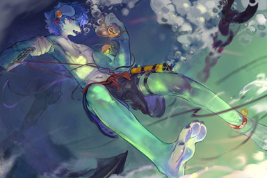 4_toes anthro black_bottomwear black_clothing black_shorts blue_hair blue_tongue bottomwear bubble chain clothed clothing entangled feet hair looking_at_viewer male male_anthro messy_hair navel open_mouth pawpads red_eyes rope short_hair shorts slim_anthro slim_male soles solo teal_body toes tongue topless white_body carbonizedaki canid canine mammal hi_res