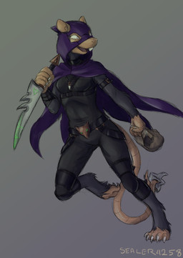 anthro belt black_body black_fur breasts cape claws clothed clothing dagger female fur holding_object holding_weapon hood melee_weapon ranged_weapon shuriken solo weapon white_eyes sealer4258 warhammer_(franchise) warhammer_fantasy tueetch_ambersnout mammal murid murine rat rodent skaven hi_res