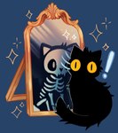 altered_reflection ambiguous_gender black_body black_fur bone exclamation_point feral fur mirror pupils reflection sitting skeleton skull slit_pupils solo sparkles tail toony feefal animated_skeleton domestic_cat felid feline felis mammal undead hi_res