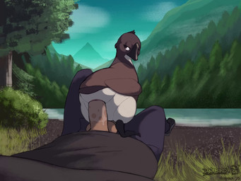 ambiguous_feral ambiguous_gender animal_genitalia balls beak bestiality bodily_fluids brown_body brown_eyes brown_feathers cloaca cloaca_juice cloacal cloacal_penetration clothed clothed_sex clothing countershading detailed_background duo feathers feral feral_on_top feral_penetrated first_person_view genital_fluids genitals human_on_feral human_penetrating human_penetrating_feral humanoid_genitalia humanoid_penis interspecies lake looking_at_viewer looking_back male male/ambiguous mountain on_bottom on_top outside outside_sex penetration penis reverse_cowgirl_position sex water white_body white_feathers creature_features dynabird anatid anseriform anserine avian bird canada_goose goose human mammal 2d_animation 4:3 animated frame_by_frame hi_res short_playtime sound webm