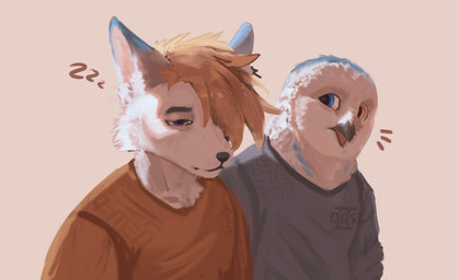 anthro bangs beak blue_ears clothing duo ears_up fur heterochromia male male/male morning simple_background sleeping sound_effects split_personality sweater tired topwear vowelless vowelless_sound_effect white_background white_body white_fur zzz paran0ya avian bird canid canine fox mammal owl digital_media_(artwork) digital_painting_(artwork) half-length_portrait painting_(artwork) portrait