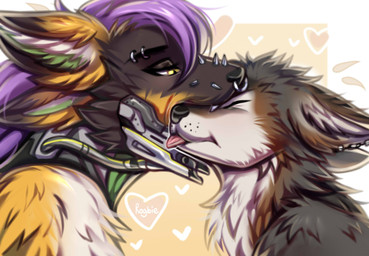 bite blep brown_body brown_fur cybernetics duo eyebrow_piercing facial_piercing fangs female feral fluffy fur hair heart_symbol love machine male male/female nose_piercing partners piercing purple_hair teeth tongue tongue_out yellow_eyes rogbiejoke canid canine canis cyborg hybrid jackal mammal digital_media_(artwork) hi_res portrait