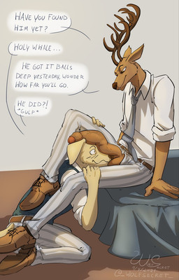 anthro anthro_on_anthro ball_sniffing balls bed big_penis clothed clothing crotch_sniffing dialogue duo face_in_crotch foreskin furniture genitals huge_penis legs_around_partner male male/male penis penis_on_face penis_sniffing scent scent_play sniffing speech_bubble text wolfsecret beastars jack_(beastars) louis_(beastars) bird_dog canid canine canis cervine deer domestic_dog hunting_dog labrador mammal red_deer retriever english_text hi_res