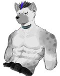 abs anthro athletic black_hair blue_hair clothed clothing collar ear_piercing eyebrow_piercing facial_piercing fur grey_body hair looking_at_viewer male markings multicolored_hair muscular muscular_anthro muscular_male piercing simple_background solo spots spotted_body spotted_fur topless topless_anthro topless_male two_tone_hair pu94_d1de4c arknights hypergryph studio_montagne spot_(arknights) hyena mammal spotted_hyena 2022 absurd_res hi_res