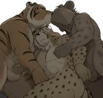 anthro balls big_muscles butt erection genitals group group_nudity group_sex handjob kiss_on_lips kissing male male/male muscular nude penile penis sex simple_background spots threesome trio leoponleopon anothereidos_of_dragon_vein_r pirate_medic pirate_musketeer pirate_swordsman cheetah felid feline hyena mammal pantherine tiger