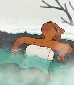 anthro big_breasts big_nose blush blush_lines breasts brown_body brown_fur brown_hair chest_tuft eyes_closed female fur hair hot_spring leaning leaning_backward onsen outside partially_submerged relaxed_expression relaxing short_hair simple_background sitting slightly_chubby smile snow snowing solo thick_thighs towel towel_only tuft water winter tateoftot capybara caviid mammal rodent hi_res