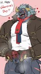 anthro balls blush bodily_fluids bottomless candy chocolate clothed clothing dessert erection food fur genital_fluids genitals grey_body grey_fur heart_symbol holidays horn jacket male muscular muscular_anthro muscular_male pecs penis precum scar scarf solo topwear uken_l lifewonders tokyo_afterschool_summoners valentine's_day krampus_(tas) monster 9:16 hi_res