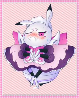 blush bodily_fluids clothing dress female feral maid_uniform panties pattern_background presenting simple_background solo sweat underwear uniform karie so_i'm_a_spider_so_what? kumoko arachnid arthropod insect spider absurd_res hi_res