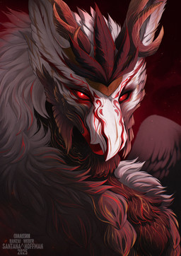 ambiguous_form ambiguous_gender beak brown_body brown_feathers facial_markings feathers head_markings markings mouth_closed red_eyes red_markings solo white_body white_feathers yellow_markings santanahoffman avian hi_res