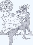 ambiguous_gender anthro areola belly big_belly big_breasts bodily_fluids breasts claws close_to_bursting cross-popping_vein duo eyelashes eyes_closed female fully_inside genital_fluids genitals horn huge_belly imminent_explosion internal navel nipples open_mouth outie_navel pussy saliva smoke tears thick_thighs tongue tongue_out two_tone_scalie two_tone_tail unbirthing vaginal vaginal_fluids vein vore hage amphibian amphibian_humanoid animal_humanoid humanoid salamander_humanoid scalie hi_res monochrome