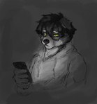 anthro black_eyewear black_glasses black_hair black_nose electronics eyewear glasses hair male phone sad simple_background solo yellow_eyes limbo6_6 limbo_(limbo6_6) canid canine canis domestic_dog mammal absurd_res hi_res shaded simple_shading