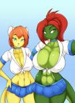 abs big_breasts breasts clothed clothing duo female hair huge_breasts navel nipple_outline school_uniform tongue tongue_out uniform matypup abigail_nimev mrs._amp_(mramp) domestic_cat felid feline felis lizard mammal reptile scalie hi_res