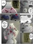 anthro bear blood bodily_fluids butt clothing comic dialogue english_text felid frostbite_(rubberbuns) hi_res ikiryo_(rubberbuns) lion male mammal muscular muscular_male nude pantherine polar_bear rubberbuns solo speech_bubble spirit text ursine wounded