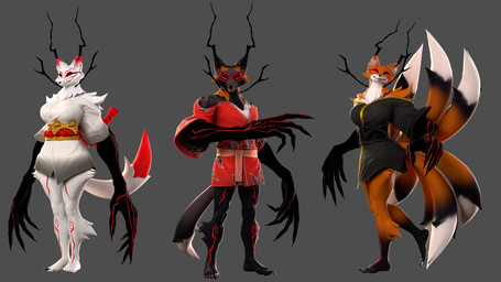 5_fingers 5_toes 6_tails anthro barefoot black_body black_fur black_nose breasts clothed clothed_anthro clothed_female clothed_male clothing facial_markings feet female fingers fur group head_markings humanoid_feet humanoid_hands long_arms male markings multi_tail multicolored_body multicolored_fur plantigrade red_body red_fur standing tail toes trio two_tone_body two_tone_fur white_body white_fur petruz petruz_(modeler) asian_mythology east_asian_mythology korean_mythology mythology fox_(petruz) canid canine fox kumiho mammal mythological_canine mythological_creature mythological_fox 16:9 3d_(artwork) blender_(artwork) digital_media_(artwork) hi_res widescreen