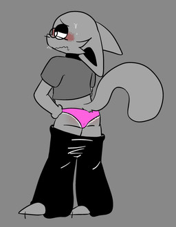 anthro black_bottomwear black_clothing black_pants blush bodily_fluids bottomwear bottomwear_down butt clothed clothing embarrassed embarrassed_expression eyewear fur glasses grey_body grey_clothing grey_fur grey_shirt grey_tail grey_topwear humiliation male panties pants pants_down partially_clothed pink_clothing pink_panties pink_underwear shirt solo standing stubble sweat tail topwear underwear wearing_glasses skllfck felid feline mammal absurd_res hi_res