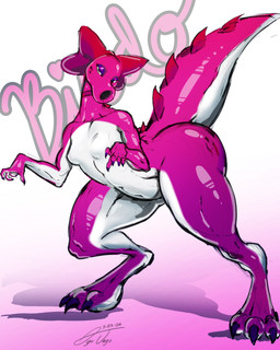 accessory anthro arched_back bow_ribbon breasts eyeshadow female gradient_background hair_accessory hair_ribbon half-closed_eyes makeup narrowed_eyes pink_body purple_eyeshadow ribbons simple_background small_breasts solo tail thick_thighs ayojayo mario_bros nintendo birdo_(character) birdo dinosaur prehistoric_species reptile scalie full-length_portrait hi_res portrait