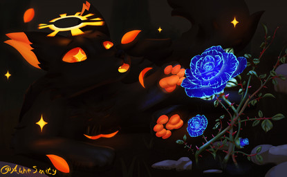ambiguous_gender black_body black_fur black_nose black_tail blue_flower digitigrade dipstick_ears ear_markings feral flower forest fur glistening glistening_ears glistening_eyes glistening_flower glistening_pawpads grass halo leaf lying markings multicolored_ears on_front open_mouth orange_ear_tips orange_eyes orange_mouth orange_pawpads orange_teeth outside pawpads plant quadruped raised_leg raised_tail rock solo tail teeth thorns tongue tree yellow_tongue alchesmity conditional_dnp canid canine mammal hi_res portrait shaded signature three-quarter_portrait