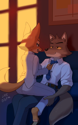 anthro canon_couple clothed clothed_female clothed_male clothing duo eye_contact female fully_clothed looking_at_another male male/female necktie on_lap sitting sitting_on_another sitting_on_lap smile smiling_at_another tail ice2g dreamworks the_bad_guys diane_foxington mr._wolf_(the_bad_guys) canid canine canis fox mammal wolf hi_res