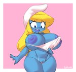 areola big_breasts black_eyes blonde_hair blue_body blue_skin blush blush_lines breasts clothing female genitals hair hat headgear headwear huge_breasts huge_thighs looking_down nipples open_mouth pussy solo teeth text thick_thighs wardrobe_malfunction wide_hips borvar the_smurfs smurfette humanoid smurf 2023 hi_res signature