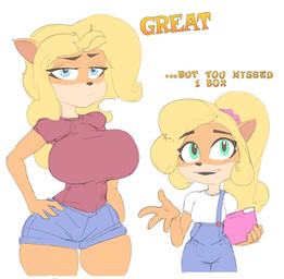 anthro black_nose blonde_hair blue_eyes clothed clothing duo eyelashes female front_view fur green_eyes hair hand_on_hip looking_at_viewer orange_body orange_fur ponytail simple_background tan_body tan_fur text thick_thighs white_background wide_hips harkonner activision crash_bandicoot_(series) coco_bandicoot tawna_bandicoot bandicoot mammal marsupial