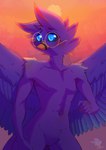 anthro beak blue_eyes eyewear glasses male nerd solo sunset wings smolspearrow adian avian bird oscine passerine sparrow absurd_res hi_res