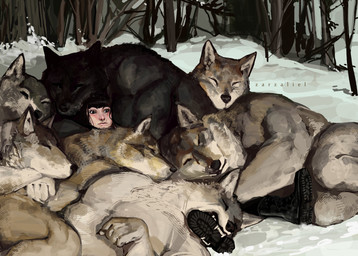 abs ambiguous_gender anthro boots clothing cuddle_pile dog_pile female foot_bite foot_in_mouth footwear forest group hugging_legs male pecs plant shoes snow tree zarzaliel canid canine canis human mammal wolf hi_res