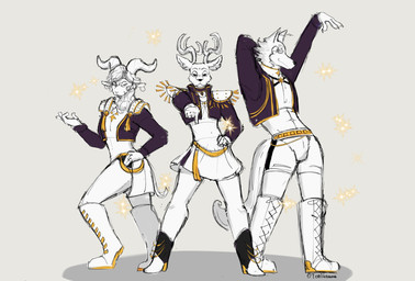 2_horns anthro antlers boots bottomwear choker clothed clothing cosplay crop_top crossdressing crossover_cosplay epaulet footwear group horn jacket jewelry legwear looking_at_viewer male necklace pose shirt shoes shorts skirt smile sparkles thigh_boots thigh_highs topwear trio toriveraan beastars kpop_demon_hunters legoshi_(beastars) louis_(beastars) pina_(beastars) bovid canid canine canis caprine cervine dall_sheep deer mammal red_deer sheep wolf 2025 crossover hi_res