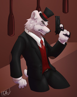 anthro bottomwear bow_tie clothed clothing fur gun hair holding_object holding_weapon male melee_weapon necktie ranged_weapon simple_background solo suit tail teeth topwear weapon white_body white_fur darkolynx bear mammal polar_bear ursine digital_media_(artwork) hi_res