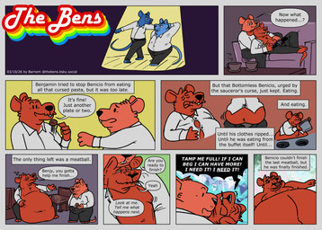 anthro belly big_belly bottomwear clothing dialogue duo eating food furniture male male/male obese obese_male overweight overweight_male pants shirt sitting sofa text topwear barnem mammal murid murine rat rodent 2026 comic english_text hi_res