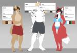anthro canid canine canis clothing coyote english_text felid female fox hi_res male mammal model_sheet pantherine ruruscube shy siberian_tiger solo swimwear text tiger