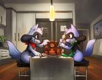 ambiguous_gender anthro cake candy chair chocolate clothing dessert detailed_background duo food furniture kerchief open_mouth red_eyes scarf semi-anthro haychel nintendo pokemon fan_character leon_(haychel) canid canine generation_4_pokemon mammal pokemon_(species) riolu