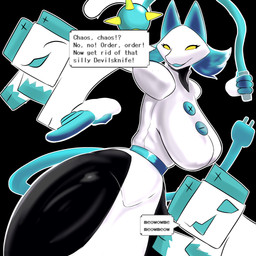anthro breasts dialogue female feral gesture group hand_gesture happy machine pointing pointing_at_self speech_bubble text trio wide_hips kitsukaelkami deltarune undertale_(series) tasque_manager domestic_cat felid feline felis mammal robot robot_anthro 1:1 absurd_res english_text hi_res