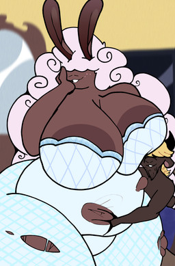 anthro areola areola_slip big_breasts bovinae breasts clothing dress female freckled_face freckles huge_breasts husband male mature_female overweight wedding_dress wife inkyproduction bovid bovine cattle lagomorph leporid mammal rabbit absurd_res hi_res
