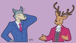 anthro antlers brown_body clothed clothing cosplay crossover_cosplay horn male parody jake_the_silent ace_attorney beastars capcom legoshi_(beastars) louis_(beastars) miles_edgeworth phoenix_wright canid canine canis cervine deer mammal red_deer wolf crossover hi_res