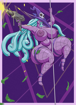 areola big_breasts breasts clothing dancing female fishnet_clothing fishnet_legwear genitals gun hat headgear headwear holding_gun holding_object holding_ranged_weapon holding_weapon huge_breasts legwear money nipples pole pole_dancing pseudo_hair purple_body ranged_weapon solo stripper_pole tentacle_hair tentacles vulva weapon wide_hips witch_hat biskblizk mystiqueskulls nintendo pokemon maria_calaveras generation_7_pokemon humanoid mareanie pokemon_(species) absurd_res hi_res