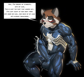 anthro balls big_balls big_penis black_body black_fur black_latex blush bodily_fluids bodysuit brown_body brown_fur clothed clothed_anthro clothed_male clothing cum cum_in_clothing cum_through_clothing dialogue erection fur genital_fluids genitals huge_penis humanoid_genitalia humanoid_penis latex latex_bodysuit latex_clothing latex_skinsuit male multicolored_body multicolored_bodysuit multicolored_clothing multicolored_fur multicolored_skinsuit penis skinsuit solo speech_bubble sweat text tight_clothing two_tone_bodysuit two_tone_clothing two_tone_skinsuit wet wet_clothing white_body white_fur white_latex cxcxxcxxxx marvel venom_(marvel) mammal procyonid raccoon 2026 absurd_res english_text hi_res